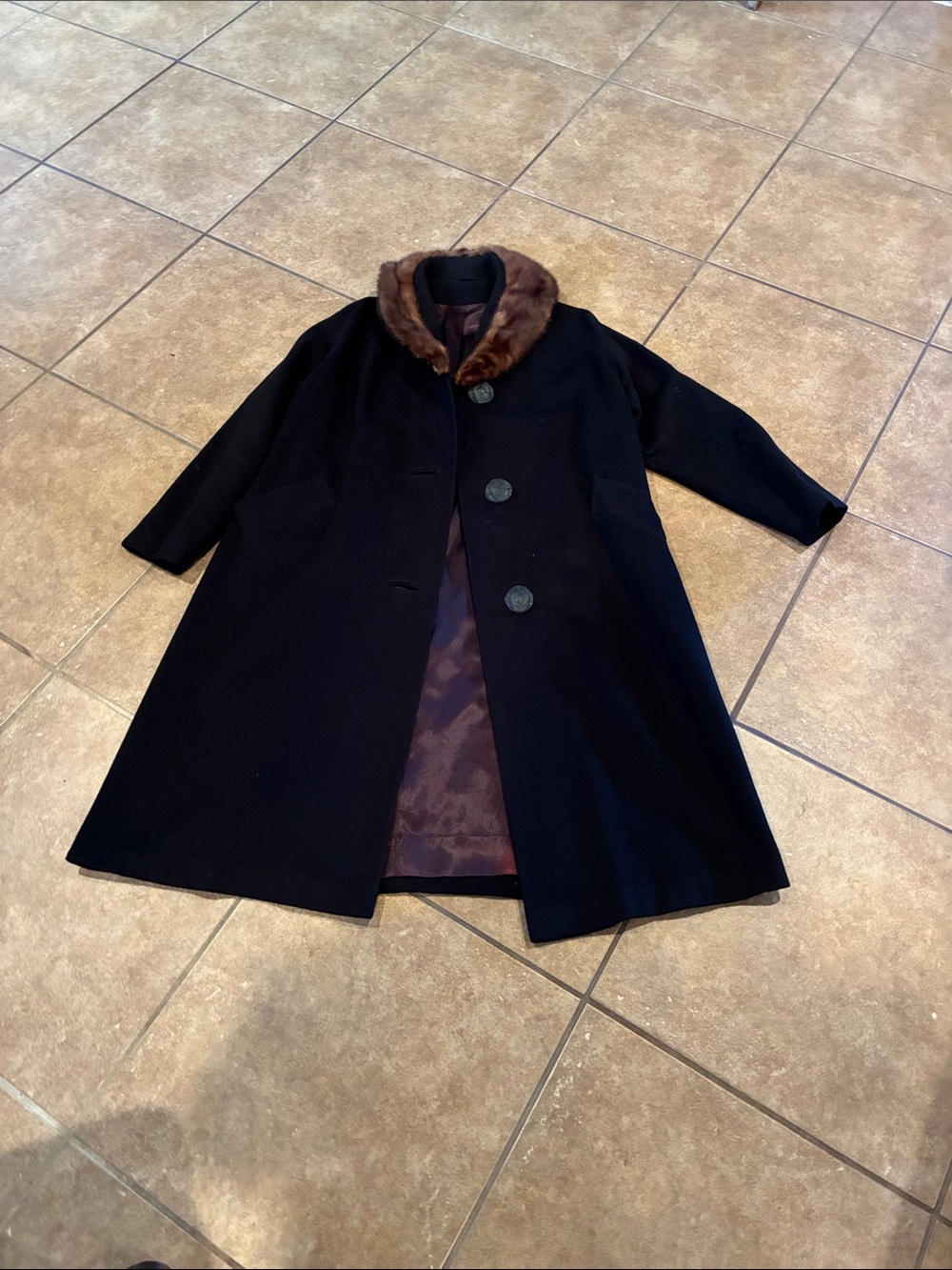 Vintage Black Wool Coat with Brown Fur Collar